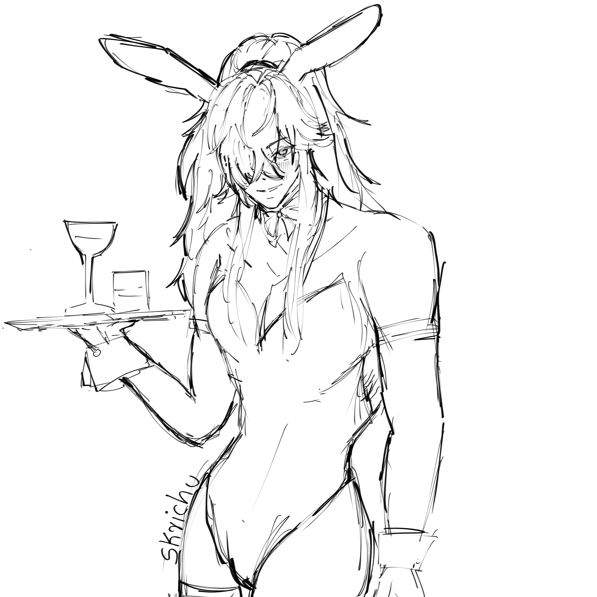 a black and white sketch of an anime girl wearing a bunny maid outfit. she is holding a tray with a glass of liquid on it. she is looking off to the side. the sketch is drawn in a loose style and has a lot of shading. the background is white.  the girl has long hair that covers most of her face.  there are two bunny ears on her head.