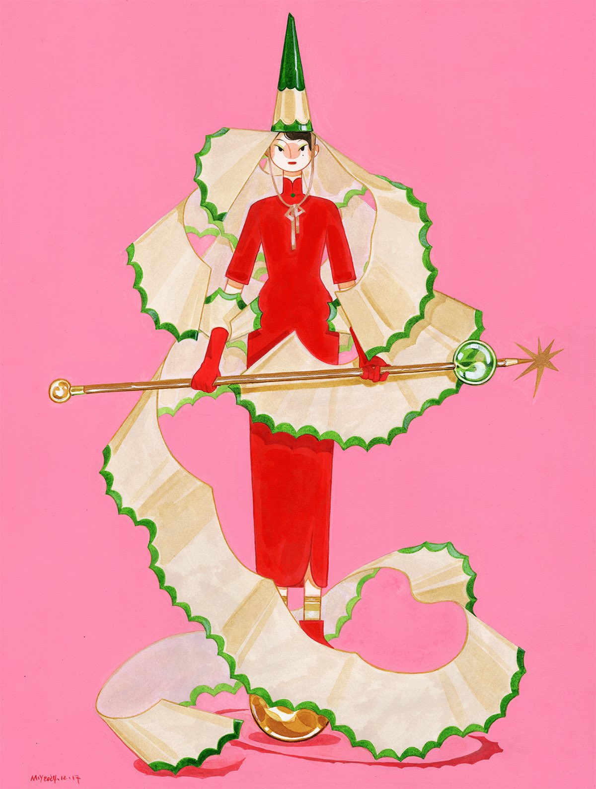 the illustration depicts a stylized female figure dressed in a long red dress and a tall, coneshaped green hat.  she holds a long staff with an orb at one end. the figure is enveloped in a swirling mass of large, offwhite pencil shavings with green edges, which flow and cascade around her like a cloak or gown. the background is a solid, bright pink. the overall style is whimsical, surreal, and elegant, showcasing a unique and imaginative character design. the artwork appears to be a painting, possibly gouache, due to the texture and color application.