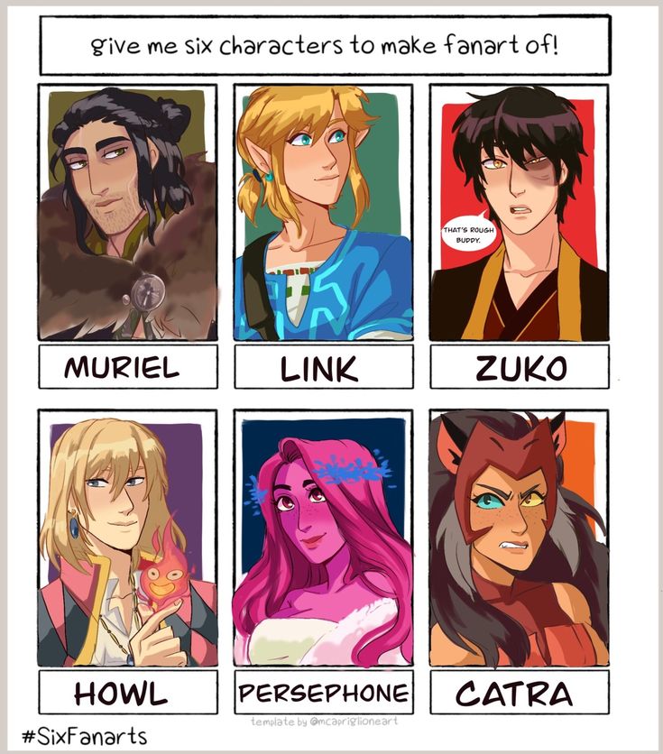 this image is a "six fanarts" challenge template, featuring six squares, each with a character from a different fandom or video game. the characters included are muriel (from the owl house), link (from the legend of zelda series), zuko (from avatar: the last airbender), howl (from howl's moving castle), persephone (from greek mythology) and catra (from shera and the princesses of power). the image is digital art, drawn in a cartoon style.  each square also includes the character's name beneath. the template is a popular trend on social media, where artists challenge themselves to draw six characters suggested by their followers. the image is designed to be a starting point for artists who want to participate in the challenge.