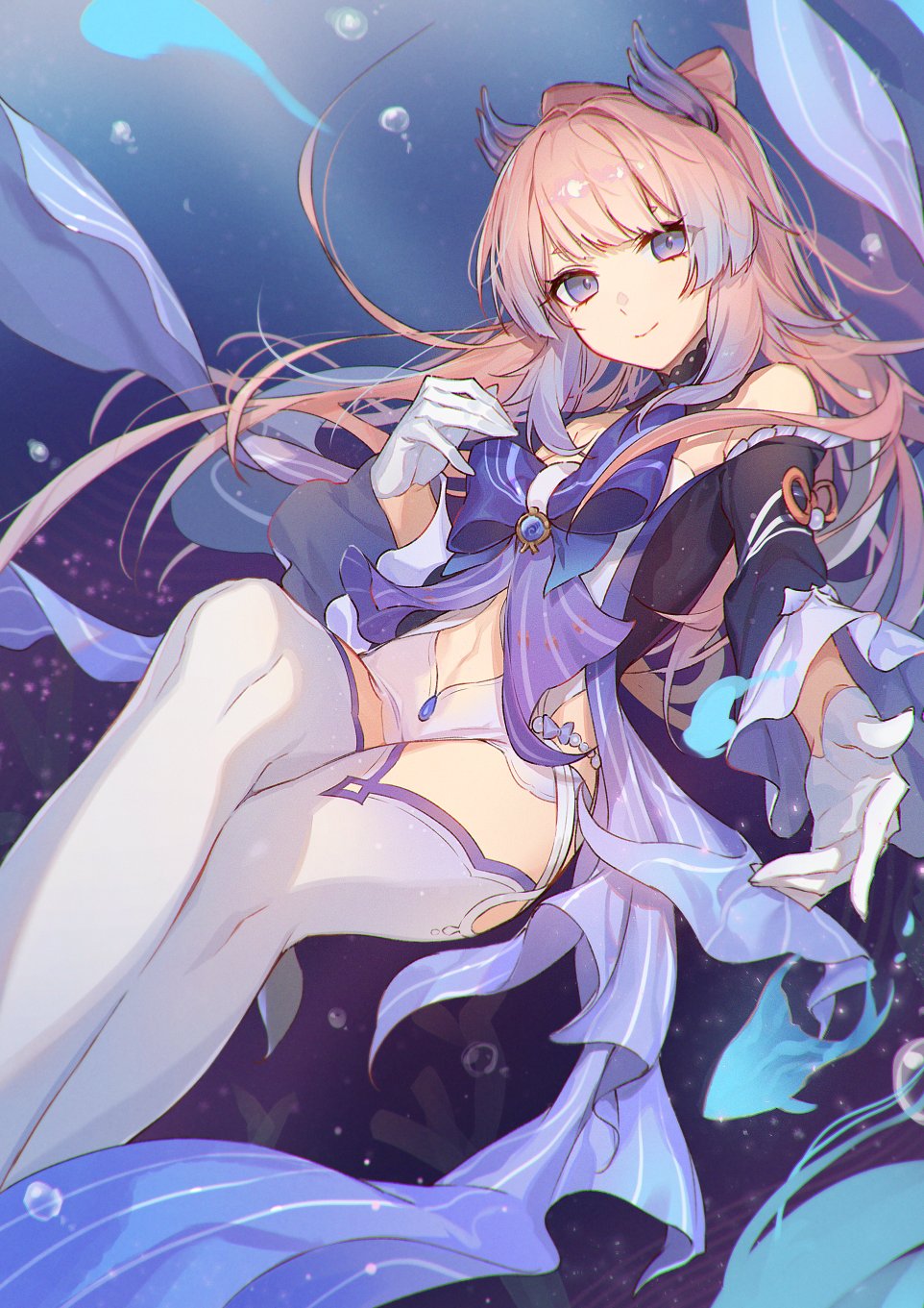 an anime girl with pink hair, wearing a light blue and purple outfit with a bow, white tights and gloves. she is surrounded by fish and bubbles, in an underwater setting. this appears to be kokomi from the game genshin impact.