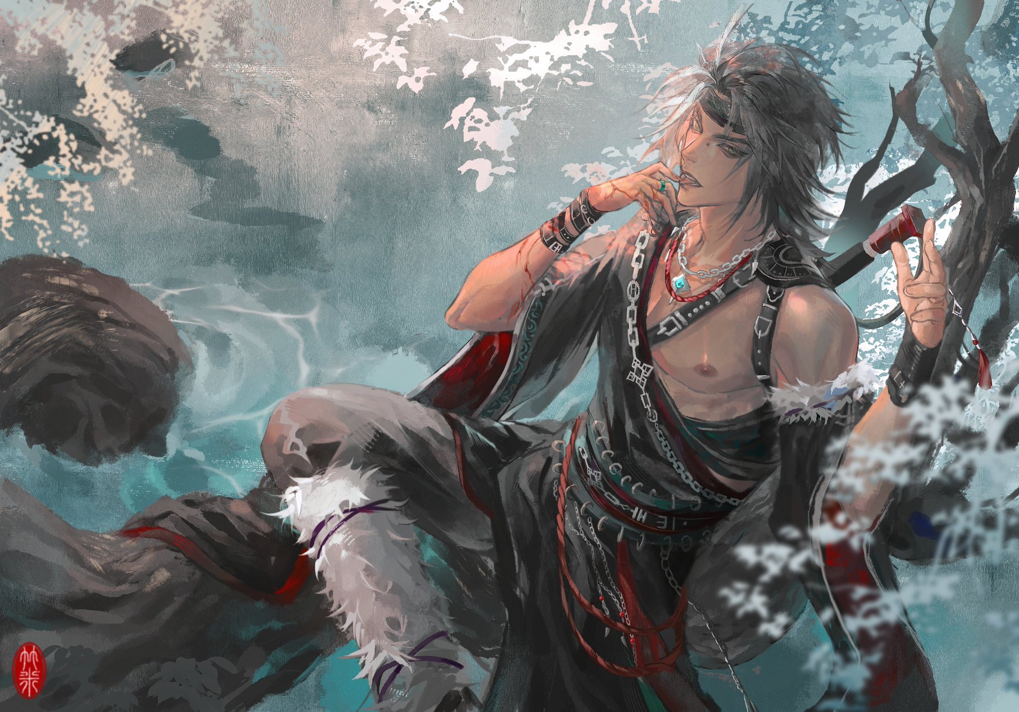 a digital painting of a male anime character, dressed in black armor and chainmail. he has long white hair, blue eyes and appears to be holding a sword. he is seated cross legged, with a blurry background of forest, river, and leaves.