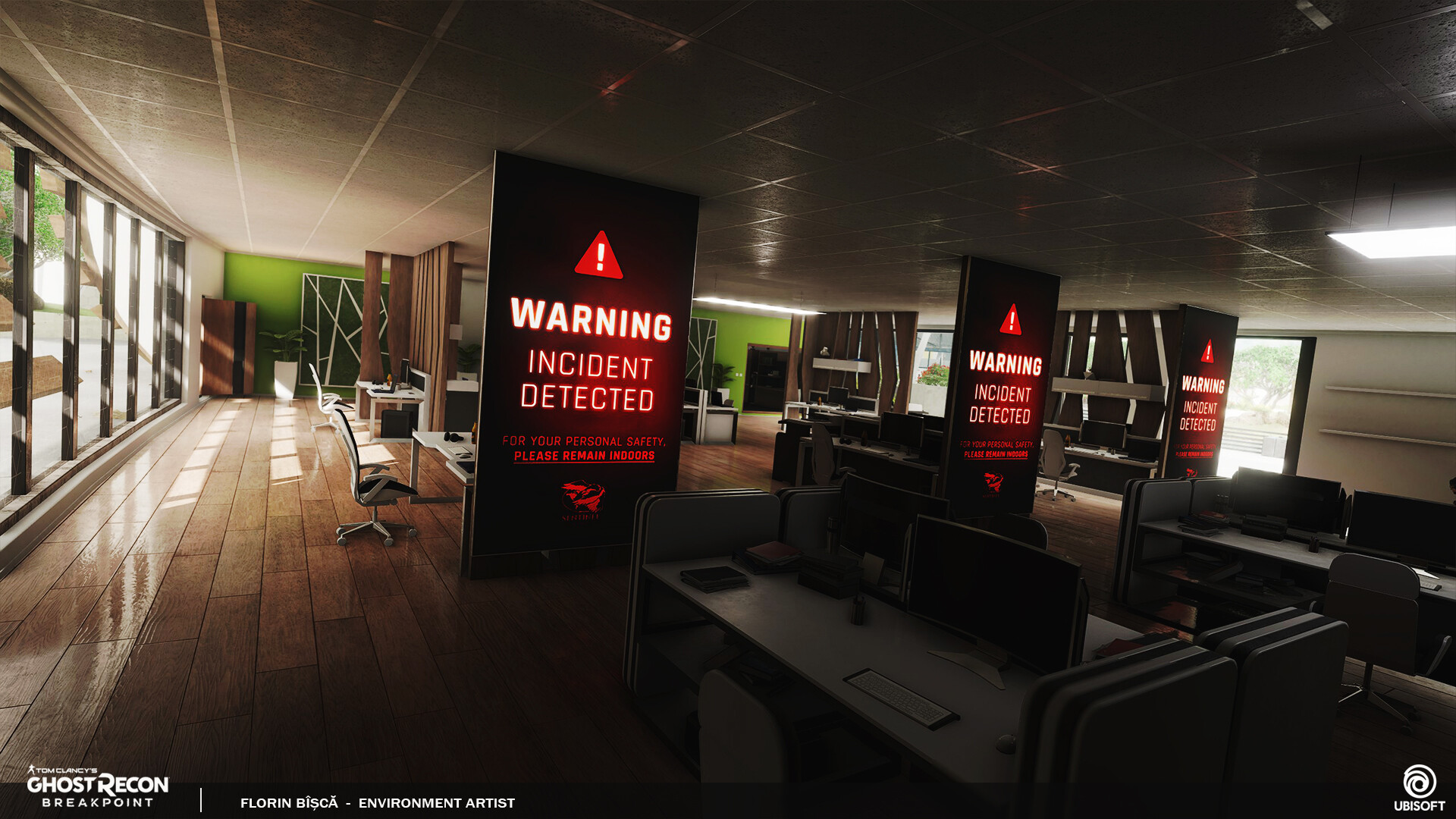 the image shows an interior scene of a modern office, designed in a futuristic style. there are several desks, chairs, and computers, as well as a large window that lets in natural light. the walls are black, and the floor is wooden. there are warning signs on the walls that say "warning incident detected." the scene is from the video game ghost recon breakpoint.