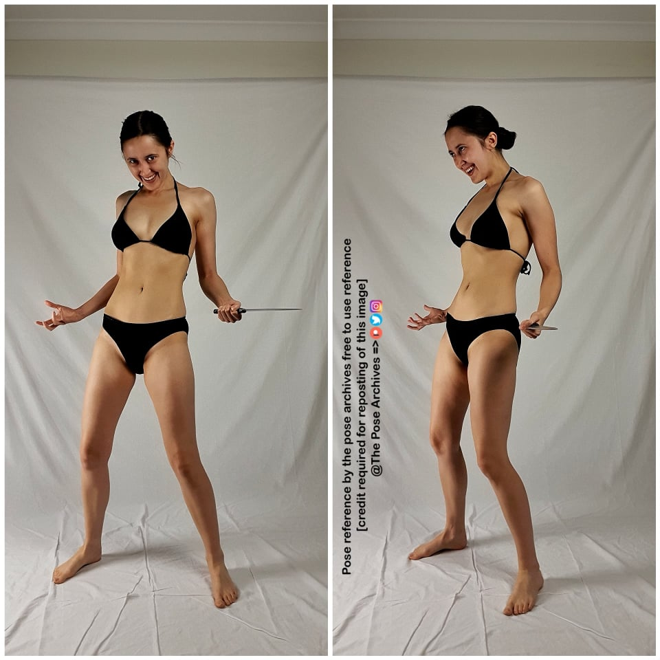 a woman in a black bikini is posing with a knife in her hand. she appears to be happy and excited. the image is a pose reference for artists, and the photographer requests credit if the image is reposted. ```