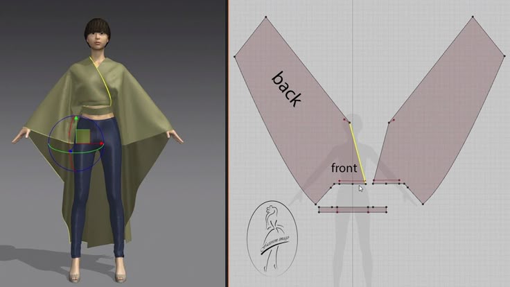 the image shows a virtual garment designed with cad software, specifically a tunic or poncho top with matching pattern pieces. a 3d model of a woman wearing the designed garment is displayed alongside the pattern pieces labeled "back" and "front". the pattern pieces seem to be flat layouts of the fabric cuts required to assemble the top. the model also wears blue leggings. a fashion design company logo is at the bottom of the image.
