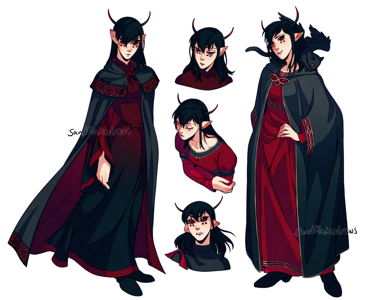 a character design sheet showcasing a female demon character with black hair, red horns, and a pet cat. she is wearing a long black cloak over a red dress. the sheet includes multiple views of the character with different expressions.