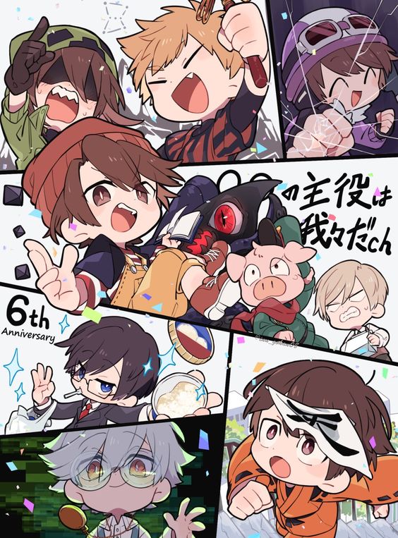 the image showcases a vibrant group of animestyle characters, rendered in a cute, chibi art style.  they are celebrating a 6th anniversary, evident from the text and celebratory atmosphere. the characters are dressed in various attire, some holding party favors, against a backdrop of confetti and dynamic poses.  the overall mood is joyful and energetic.