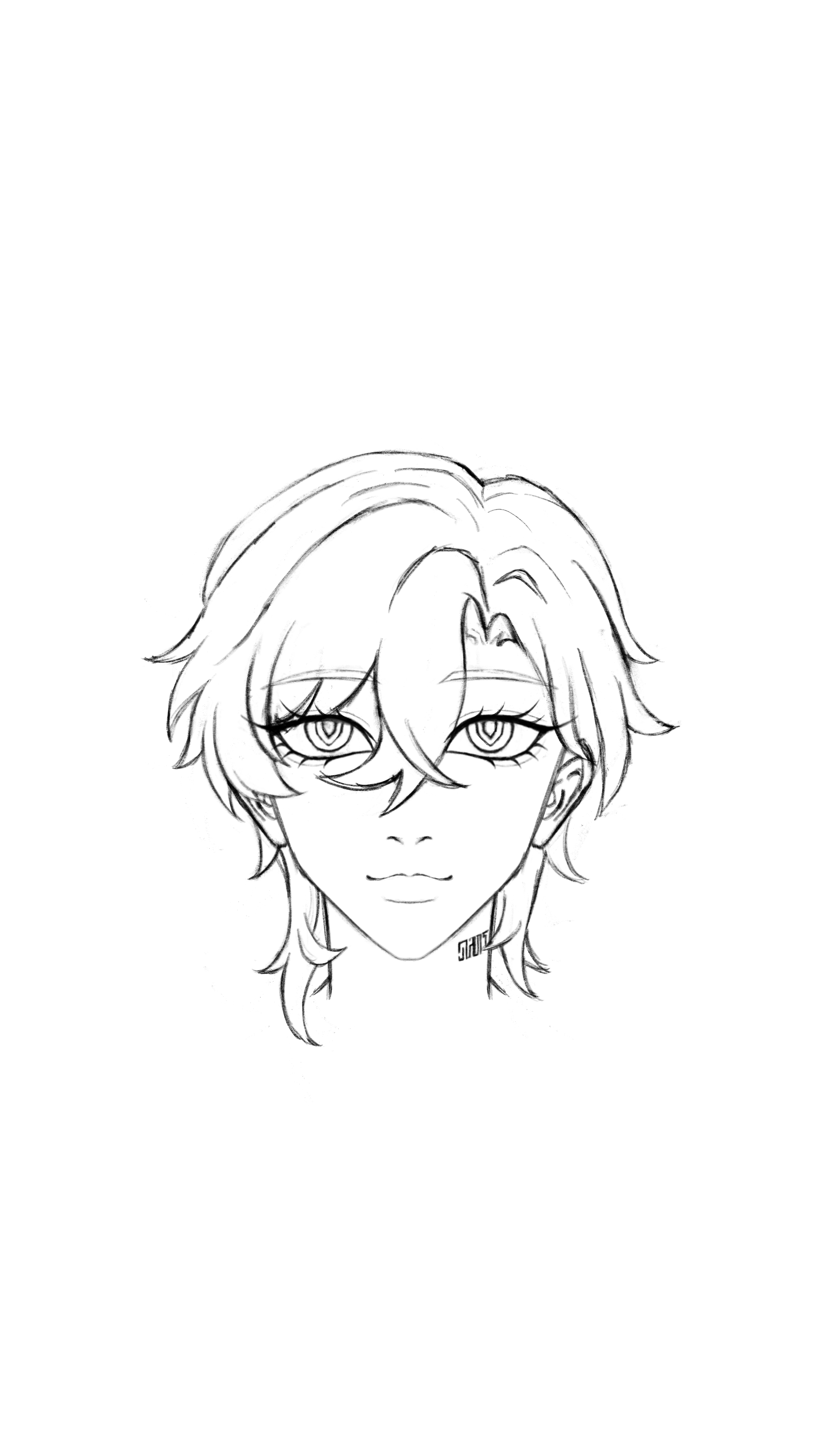 a black and white line drawing of a person's head and shoulders in an anime or manga style. the character has short hair, large eyes with defined eyelashes, a small nose and mouth. the drawing is detailed with visible hair strands and subtle facial features.