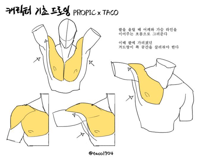 the image shows a tutorial on how to draw a character's chest and shoulder muscles. the image contains a series of illustrations showing how to draw the muscles in different positions. the illustrations are labeled with korean text, but the text below the illustrations is in english and provides an explanation of how to draw the muscles.  it is a helpful resource for anyone learning to draw human anatomy.
