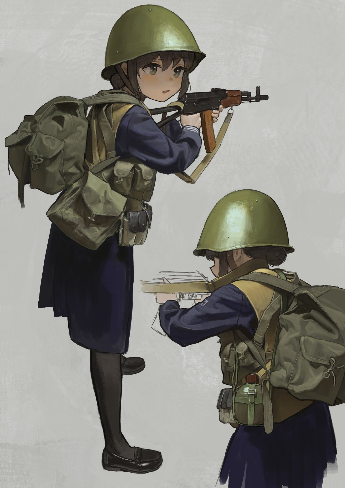 this is an illustration of a young girl, drawn in an anime style,  dressed in an oversized military uniform. she is shown in two poses: standing at attention holding a rifle, and crouched while appearing to reload.  she is wearing a helmet and backpack. the overall tone of the illustration is muted and subdued.