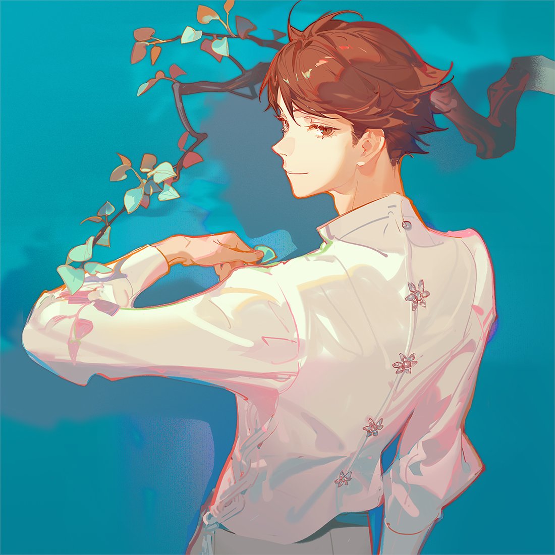 a digital illustration of a light skinned man with brown hair. the character depicted is oikawa tooru from the anime haikyuu. he's facing left, wearing a white shirt with flower designs on the back. the background is teal, with a tree branch framing the top of the image.