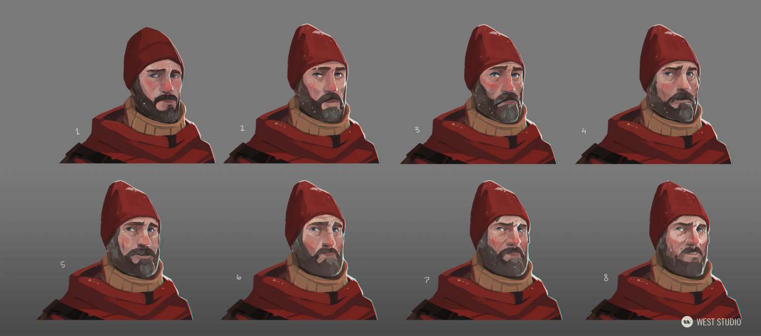 the image showcases eight different facial expressions of the same male character. he is depicted from the chest up, wearing a red beanie and a red turtleneck. his face is turned slightly towards the left, and his expression ranges from mildly concerned to worried. the background is a neutral grey, and the lighting is soft, highlighting the character's features.