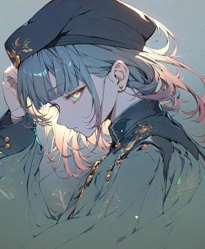 the image is a digital illustration of an animestyle girl. she has long, flowing blue and pink hair, and she's wearing a dark teal beretstyle hat and a matching jacket with gold detailing.  her eyes are a striking shade of green, and her expression is serious and pensive. the art style is detailed and features soft, pastel colors with a focus on intricate linework. the overall mood is elegant and slightly melancholic. the lighting is soft and seems to be coming from the upper left, highlighting her hair and the details of her clothing.
