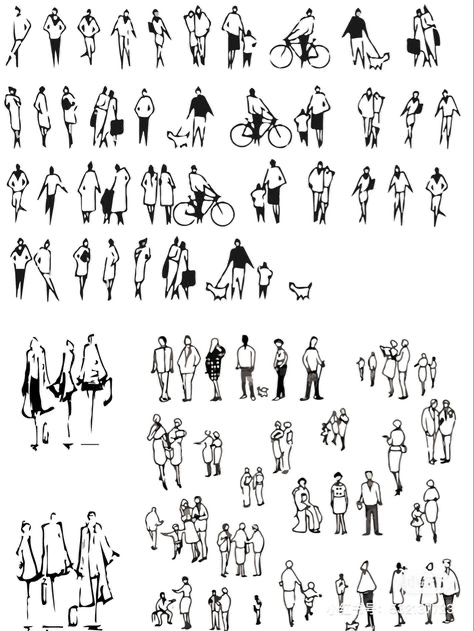 the image contains a collection of stick figures in various poses, such as walking, talking, holding hands, and riding a bicycle. the figures are simple and abstract, with a minimalist style. there are also some dogs and other objects in the image, such as a bicycle and a shopping bag. the image is black and white, with a clean and modern design. it is likely an illustration or a design element for a website or a project.