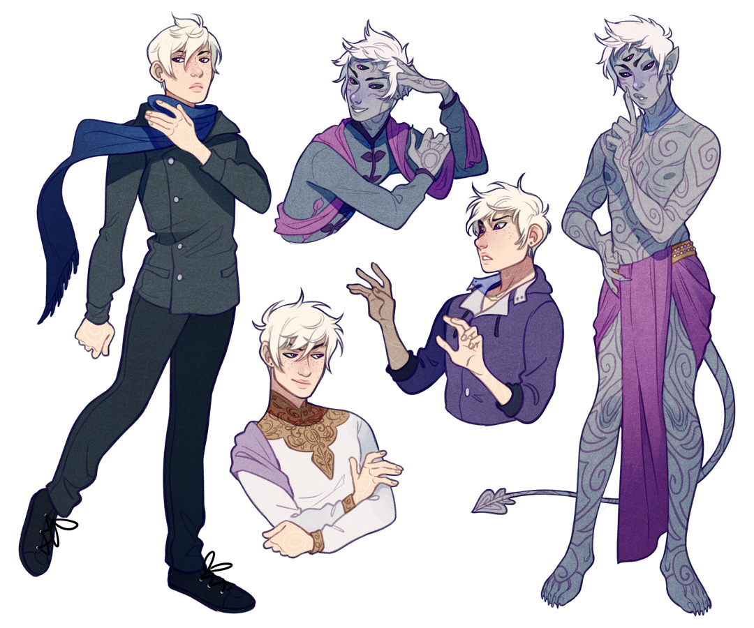 the image showcases six different iterations of the same male character, likely a tiefling given his pointed ears and tail. he has white hair, purple eyes, and gray skin. each version features him in different outfits and poses, ranging from casual attire to more elaborate ensembles with intricate patterns. the background is a clean white, drawing full attention to the character designs. the lighting is soft, contributing to the overall pleasant aesthetic.