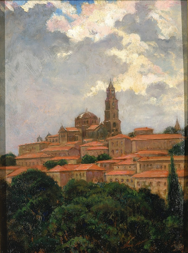 this is a painting of a cityscape, likely an italian town. a prominent tower and a dome are the focal points, rising above a cluster of buildings with red tile rooftops. trees are visible in the foreground, framing the town. the sky is filled with clouds, suggesting a partly cloudy day. the painting is done in a style reminiscent of impressionism, with loose brushstrokes and a focus on light and atmosphere.