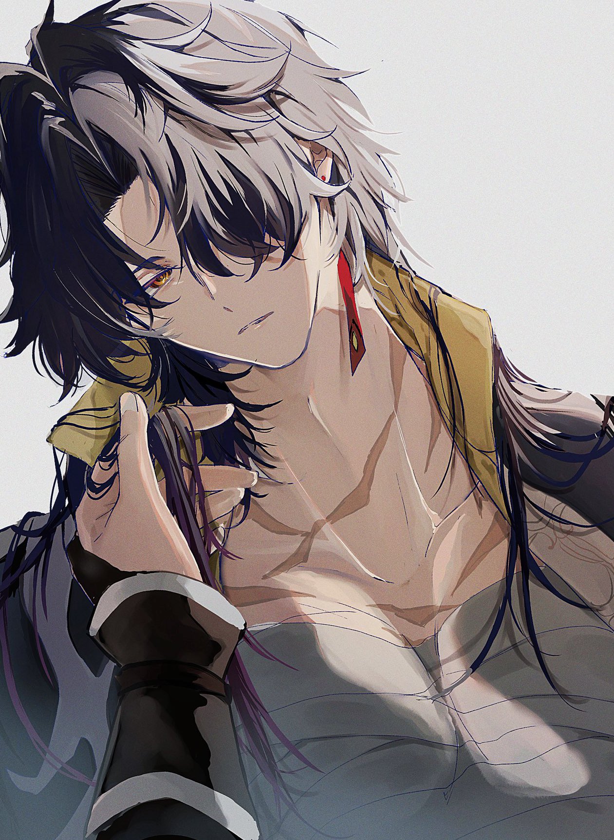 a closeup illustration of an animestyle male character with long, white and black hair. he is looking down with his eyes closed, and his hand is holding his hair. he is muscular and has a muscular chest with a hint of muscles around his neck and collarbones. he is wearing a simple, open shirt that exposes his chest. the character has red earrings and is wearing a goldcolored garment beneath the shirt. he has an orange eye visible through his hair. the background is a simple white and gray.