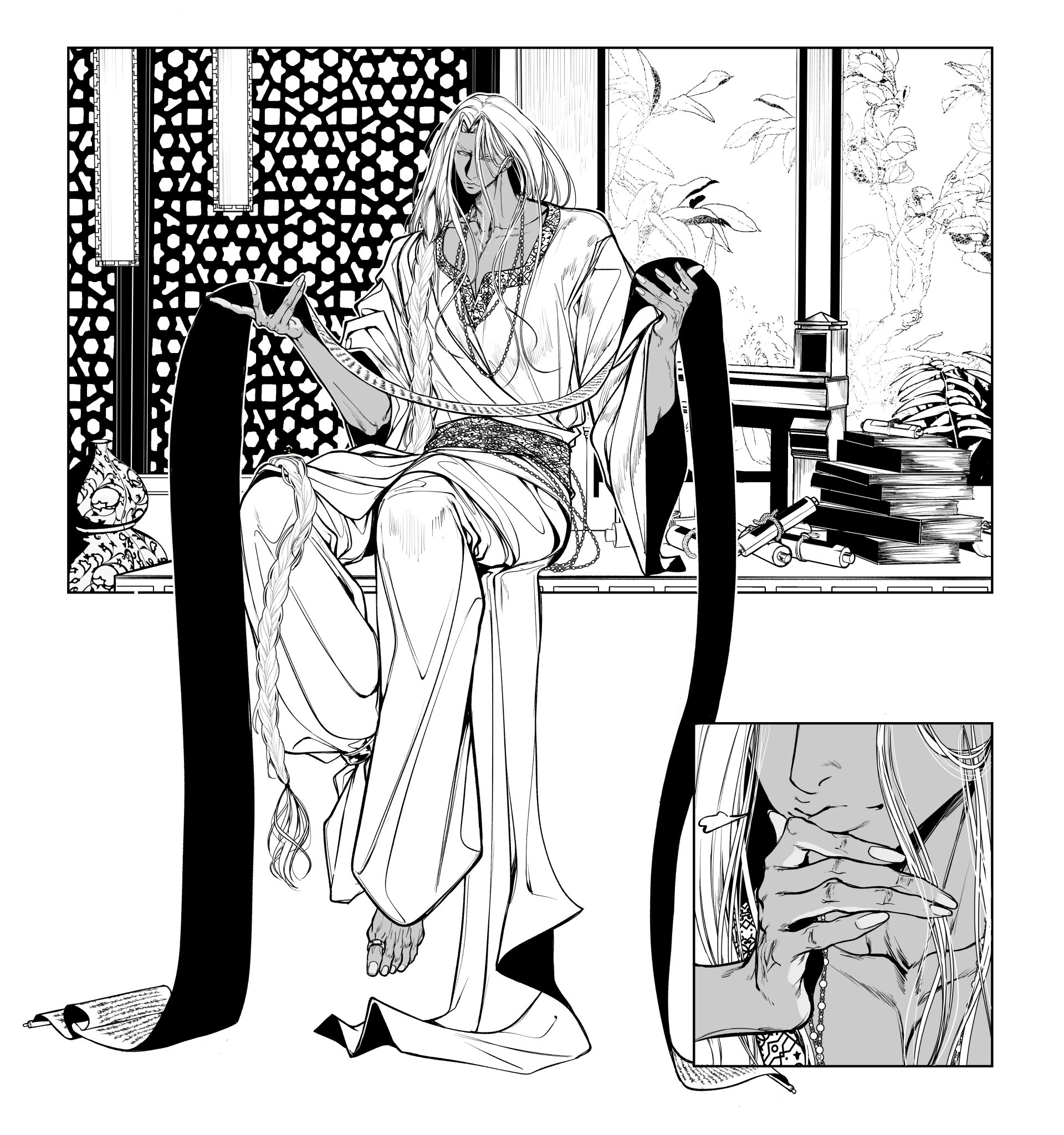 a black and white illustration of a woman with long white hair, dressed in a white robe, sitting and reading a book. she is surrounded by books and other traditional objects. the style of the art is manga or anime.