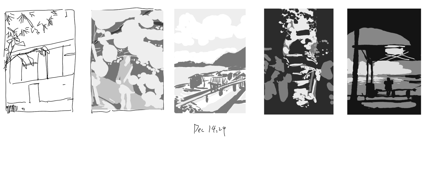 the image shows a series of five grayscale sketches and paintings, likely representing different stages in the artistic process of creating a piece of art.  the first image is a quick line sketch of a building with trees, possibly architectural. the second is a grayscale value study focusing on light and shadow, likely depicting foliage. the third is a grayscale landscape painting of a waterfront scene with buildings. the fourth image appears to be another value study, this time focusing on contrasting darks and lights, again with foliage. the fifth is a more simplified, almost silhouettelike grayscale painting with a focus on composition and forms, perhaps a seascape with figures.  the date "dec 14, 20" is written at the bottom, suggesting the date of creation.  the progression reveals a shift from loose sketching to more refined value studies and final composition explorations.