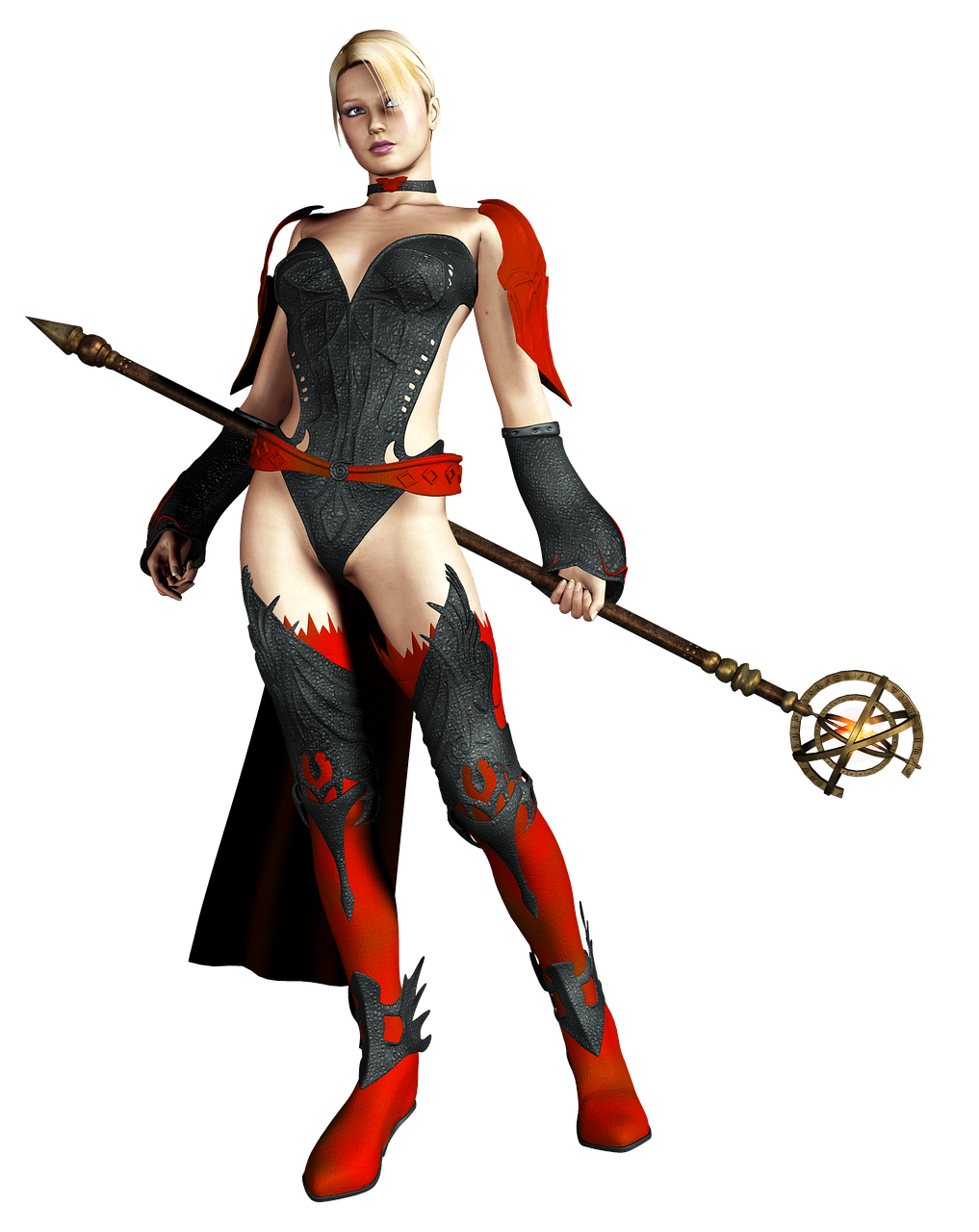a digital illustration of a woman dressed as a fantasy mage is centered against a black background. she has fair skin, blonde hair pulled back, and wears a black choker. her outfit consists of a black, formfitting corsetstyle bodice with a plunging neckline and cutouts at the sides. red fabric accents the shoulders and hips. she wears matching black gloves and tall red boots with decorative black elements around the knees. she holds a long, ornate staff with a golden sphere at the top, containing what appears to be an internal light source. her expression is neutral, and she stands with one leg slightly forward, posed as if ready for action. the art style suggests a blend of realism and fantasy.