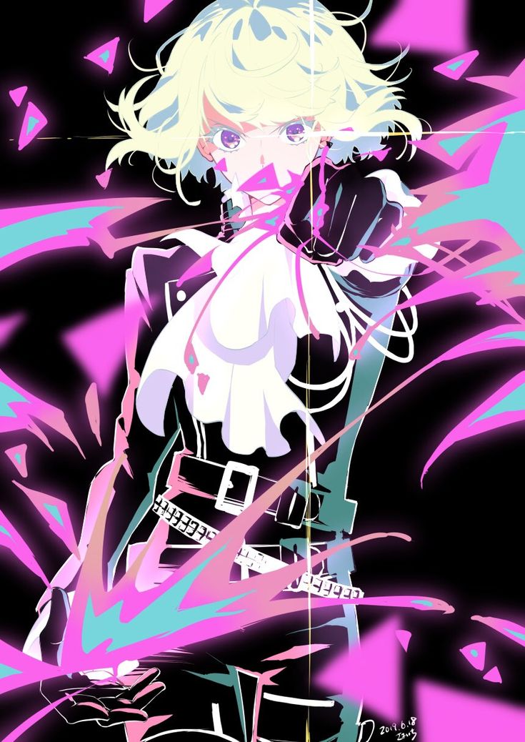 the image is a stylized digital drawing of an anime girl with blonde hair and purple eyes. she is wearing a black outfit with a white collared shirt and gloves.  she has a belt with chains around her waist.  the artwork is very dynamic, with bright pink and teal energy blasts radiating from her. she is striking a powerful pose, pointing towards the viewer. the overall style is very vibrant and bold.  the background is black, further emphasizing the bright colors of the girl and the energy effects. the art style suggests a possible fanart piece, given its intense color scheme and dynamic posing.
