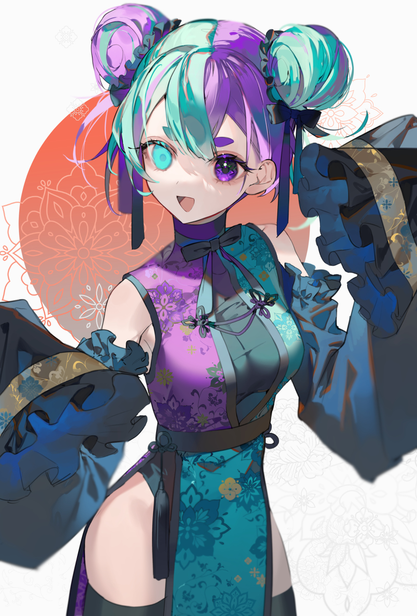 an anime girl with purple and teal hair styled in two buns with black ribbons smiles in front of an orange circle with a floral pattern in the background. she has heterochromia, one teal eye and one purple eye. she wears a chinese dress with long sleeves and a skirt slit with black thighhigh socks. the image is digital art.