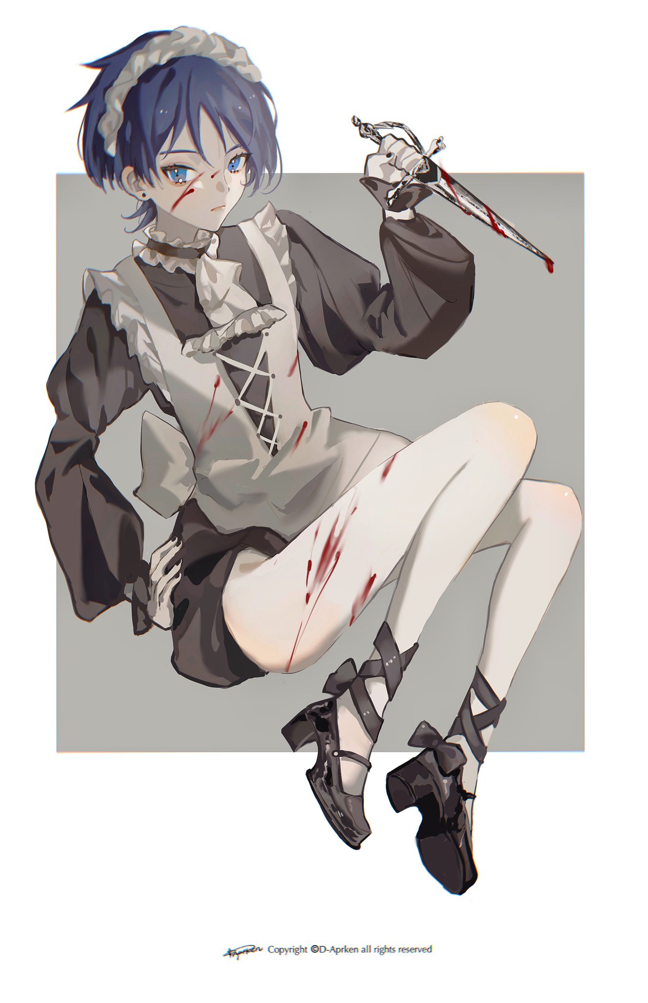 a drawing of an anime girl in a maid outfit with blood on her skin. she is holding a dagger in her hand and her eyes are filled with fear. she is sitting down and her hair is blue. the drawing is in a dark gothic style.