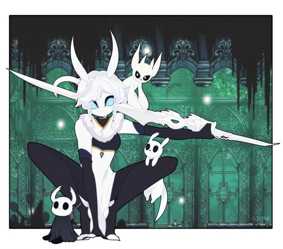 a digital fanart of the hollow knight video game.  it features a female version of the main character the knight, standing in a fighting stance, brandishing a white nail (sword) that has a glowing white blade.  the knight is wearing a mask, has pale skin, short white hair, and is wearing a white, black, and gold leotardlike outfit with long white gloves and boots.   she is surrounded by three other characters from the game  hornet, quirrel, and the child version of the knight known as ghost.  the background is the interior of the queen's gardens, a location in the game.  the background is a dark tealgreen with stylized architectural elements.  lighting is bright and appears to be from above.   the overall palette is primarily cool tones of teal and white.  the perspective is slightly below the subject, looking up at a slight angle.