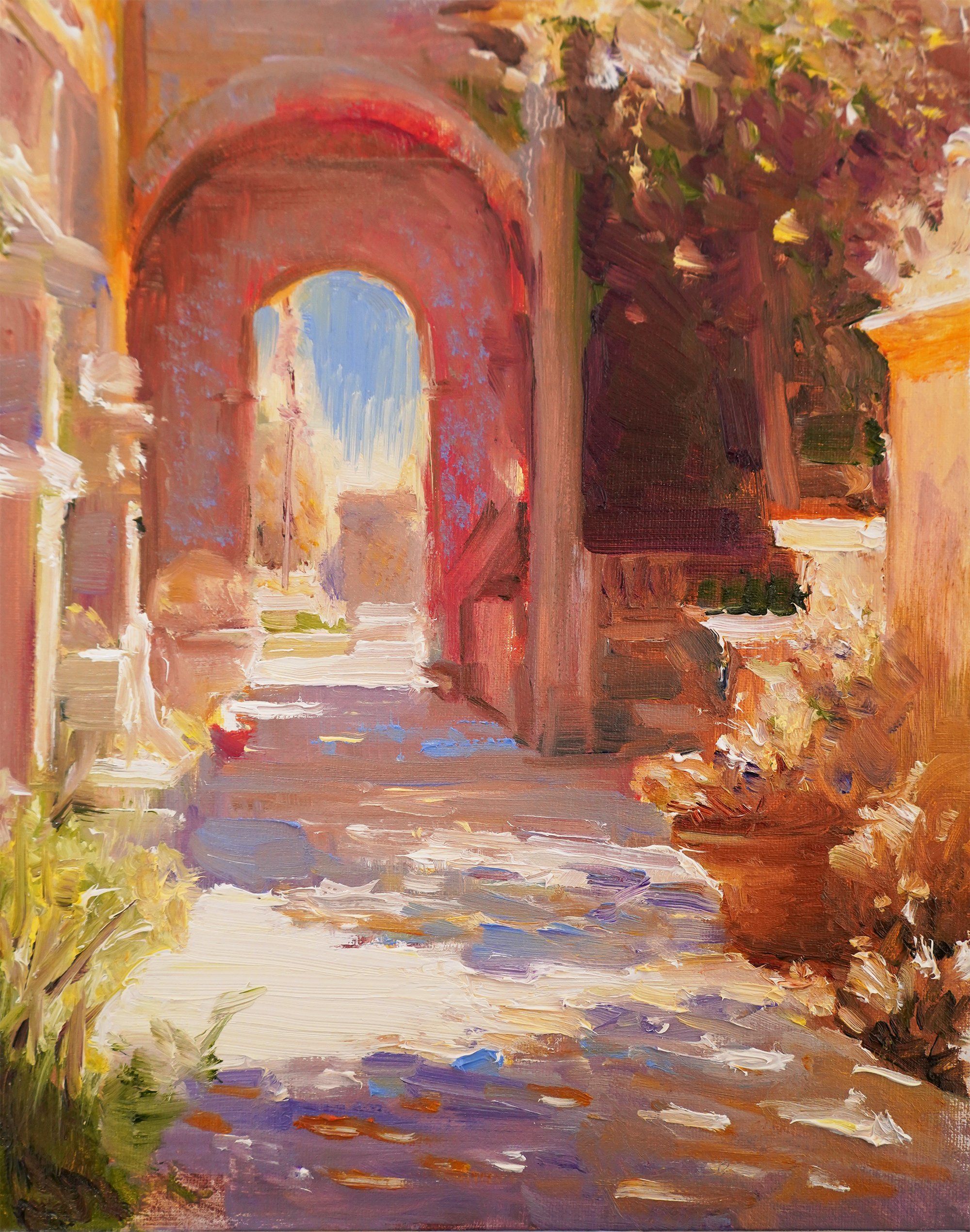 this is an oil painting showing an archway in a stone building. the building is old and weathered and has a lot of texture.  the archway leads to another space, visible in the background. there are a few trees and some foliage in the foreground, along with a stone path. the painting is done in a painterly style, with bold brushstrokes and vibrant colors. the image has a warm, inviting feel, suggesting a sense of history and mystery.