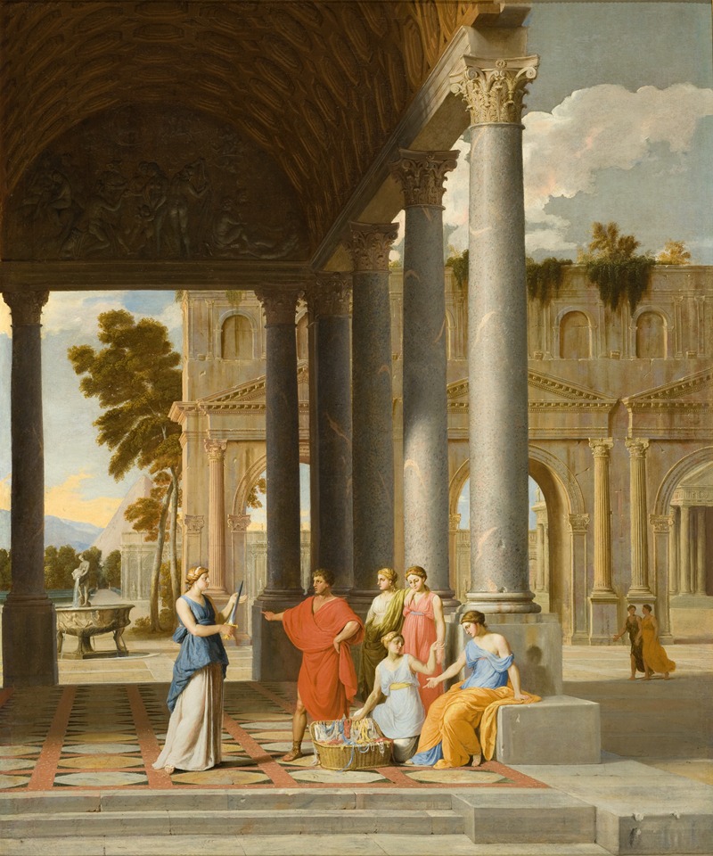 the painting depicts a group of people dressed in classical attire standing in what appears to be ancient ruins. the architecture is prominent, featuring numerous columns, arches, and a large building facade. the figures are gathered in the foreground, some interacting with each other, while others seem to be observing. a fountain is visible in the background landscape. the scene evokes a classical or historical setting.