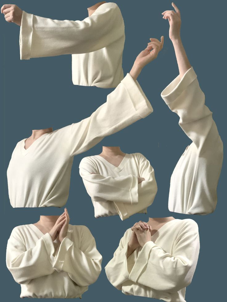 six white long sleeve shirts are displayed with different arms positions. the tops are a casual, comfortable style, and the fabric appears soft. the sleeves are loose and fall to the wrists. the images provide visual examples of how the top looks from different angles.