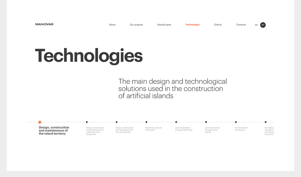 the image is a website screenshot highlighting the technologies used in the construction of artificial islands. the headline is "technologies," and the subheading states that it is a description of the main design and technological solutions used in the construction of artificial islands. below, a timeline outlines the specific technologies used in different stages of artificial island development, from initial design to maintenance. each stage is described in brief and illustrated with a black dot. the first stage is highlighted with an orange dot, drawing attention to the "design, construction and maintenance of the island territory" phase. the image emphasizes the complexity and multifaceted approach involved in creating artificial islands, showcasing a range of technologies essential for successful construction.
