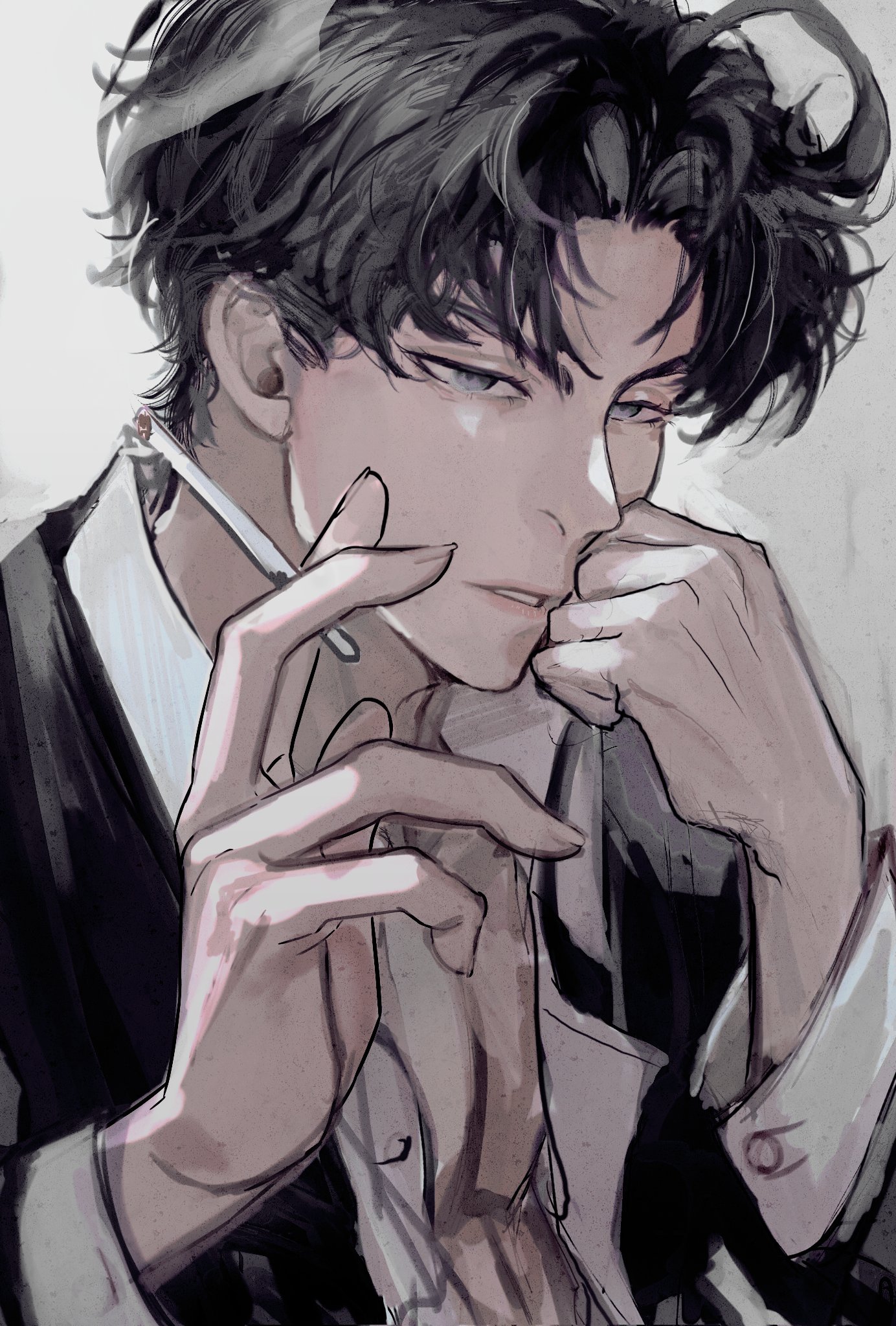 the image features a handsome anime man in a dark suit. he has dark hair and piercing eyes. he's smoking a cigarette and has a mysterious expression on his face. the lighting is dark and shadowy, creating a moody atmosphere. the image is full of details, from the texture of his hair to the wrinkles in his suit.