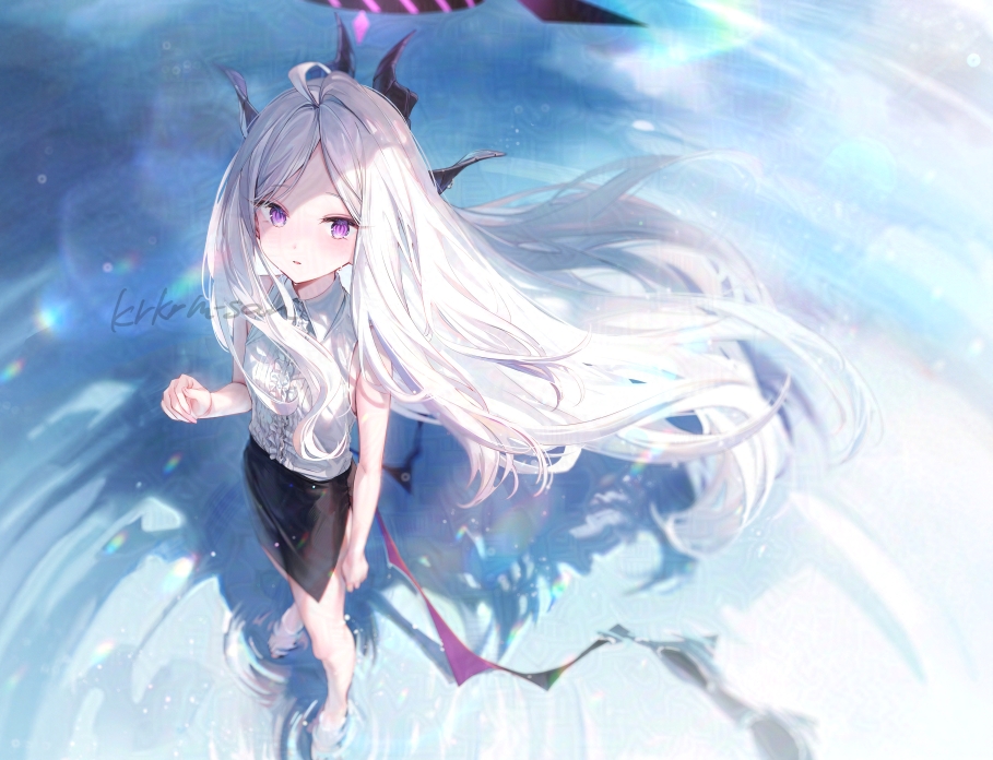the image is a digital illustration of a young anime girl with long, flowing white hair and striking purple eyes. she has small, dark horns on her head, suggesting a possible demon or fantasy character. she's dressed in a lightcolored, sleeveless top with a darker skirt, and appears to be barefoot, standing or wading in clear, light blue water. the water creates a shimmering effect around her, enhancing the ethereal and whimsical mood. the art style is clean and delicate, with soft colors and attention to detail in her hair and clothing.  the overall feeling is dreamy and peaceful. a faint, stylized signature or watermark is visible in the upper left corner.