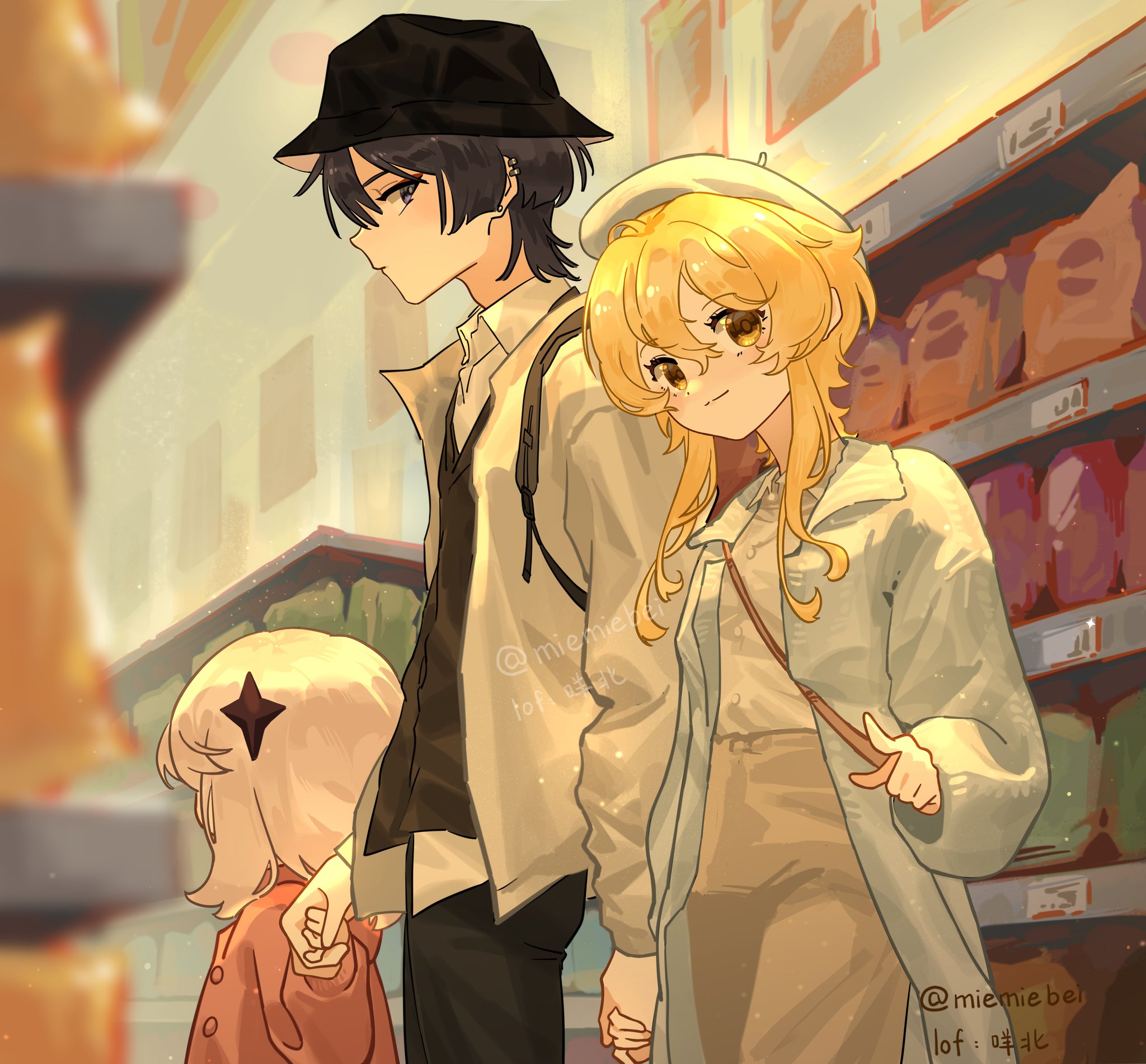 the image features three anime characters. a young girl, a young man, and a young woman. the young man and young woman are holding hands. they are in a supermarket aisle, with shelves of food and snacks behind them. the young man is looking straight ahead, while the young woman is looking at the young girl. the young girl is looking at the shelves of food and snacks. the image is drawn in a cute and colorful style, and it conveys a feeling of love and friendship.