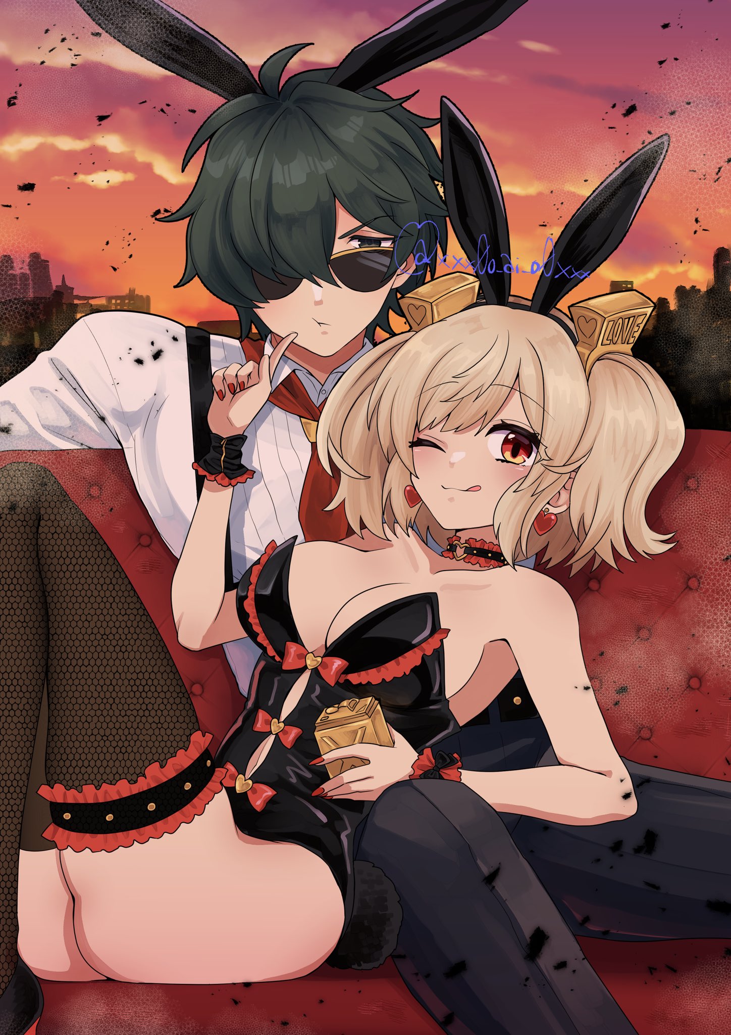 the image is a digital fanart depicting a romantic anime couple. the male character, with dark green hair and sunglasses, wears a white shirt and black bunny ears. the female character has blonde hair and is wearing a black and red lingeriestyle bunny outfit. they are sitting intimately close on a red couch, against a backdrop of a city skyline at sunset. the woman is holding a small, golden box. the overall style is suggestive and passionate. the art is detailed and wellrendered, conveying a sense of intimacy and affection between the two characters.
