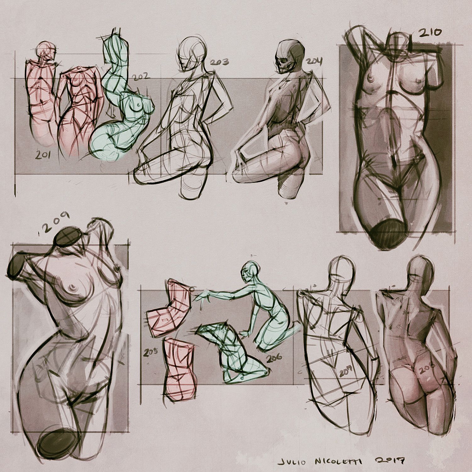 the image showcases a series of figure drawing studies, focusing on the female form. rendered primarily in sepia tones with hints of red and green, the sketches depict the human figure in various poses, emphasizing anatomical accuracy and gesture. the artist utilizes simplified forms and lines to capture the essence of the human body in motion and stillness. each study is numbered, suggesting a progressive practice session.