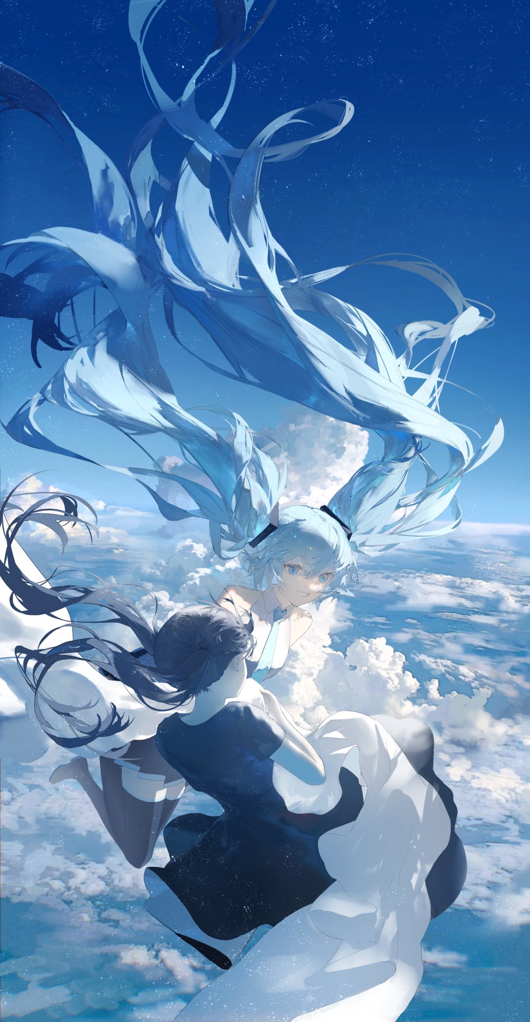 he image is a digital painting or illustration depicting two anime girls, one with long, flowing blue hair and the other with dark hair, seemingly floating or falling through a bright blue sky filled with fluffy white clouds. the girl with blue hair is partially obscured by her own hair, while the other girl is partially visible, wearing a dark dress and light garment. the overall style is ethereal, dreamy, and peaceful, with soft colors and flowing lines. the girls appear to be embracing or intertwined. the scene evokes a sense of fantasy and wonder.