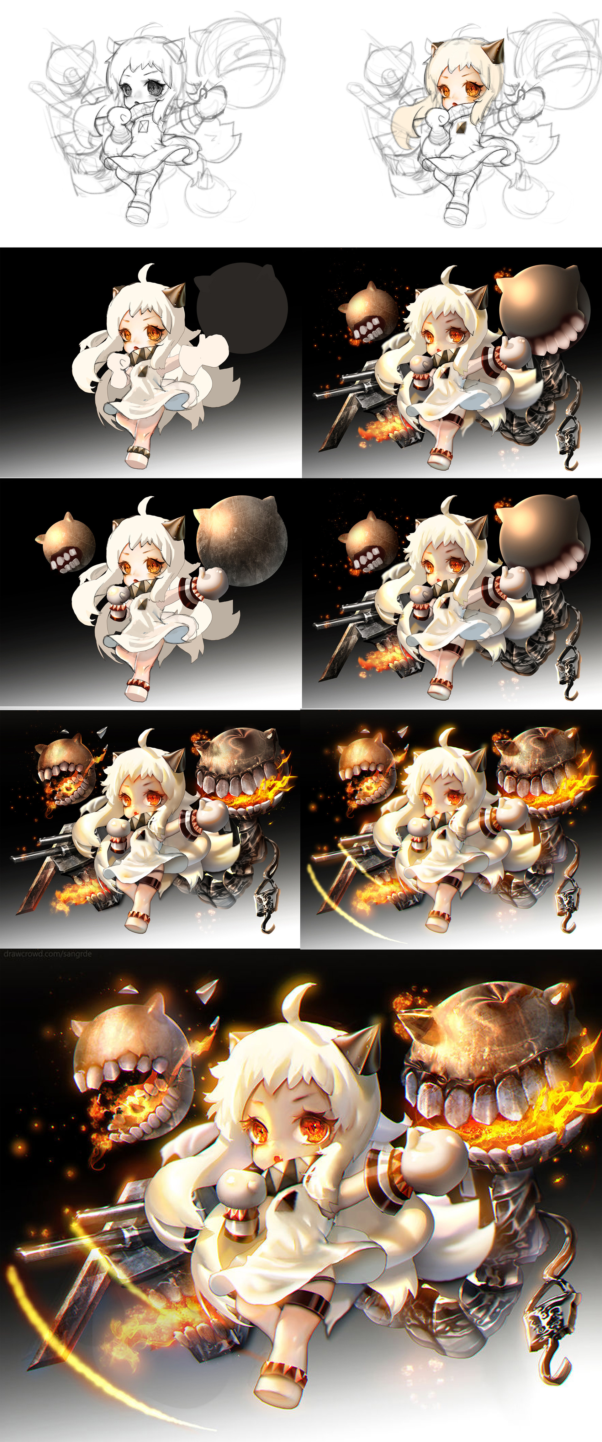 the image is a digital illustration depicting a cute anime girl in a white dress. the girl is holding a weapon and is surrounded by robots and other futuristic elements. she is in a dynamic pose, as if in the middle of a battle. the illustration is in a cartoon style and uses vibrant colors.