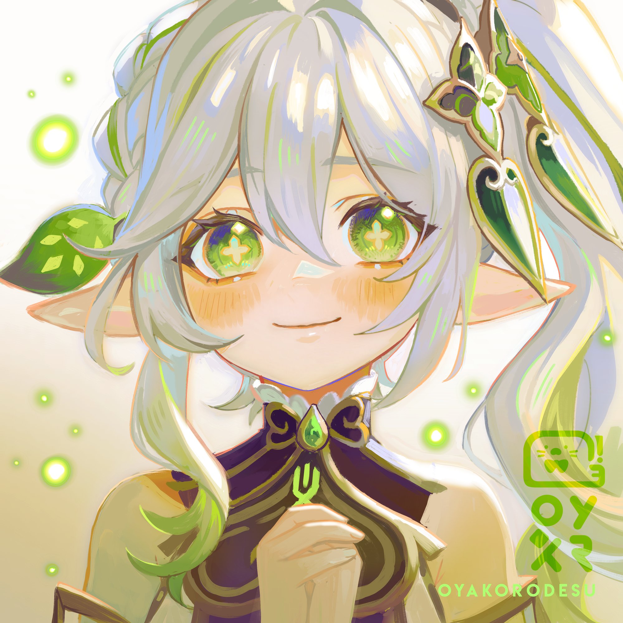 a drawing of a cute anime girl with long white hair and green eyes. she has on a green and gold dress and is holding a fork. she is smiling happily at the viewer. the image is set against a light green background with small glowing green orbs. the overall style is cute and magical.