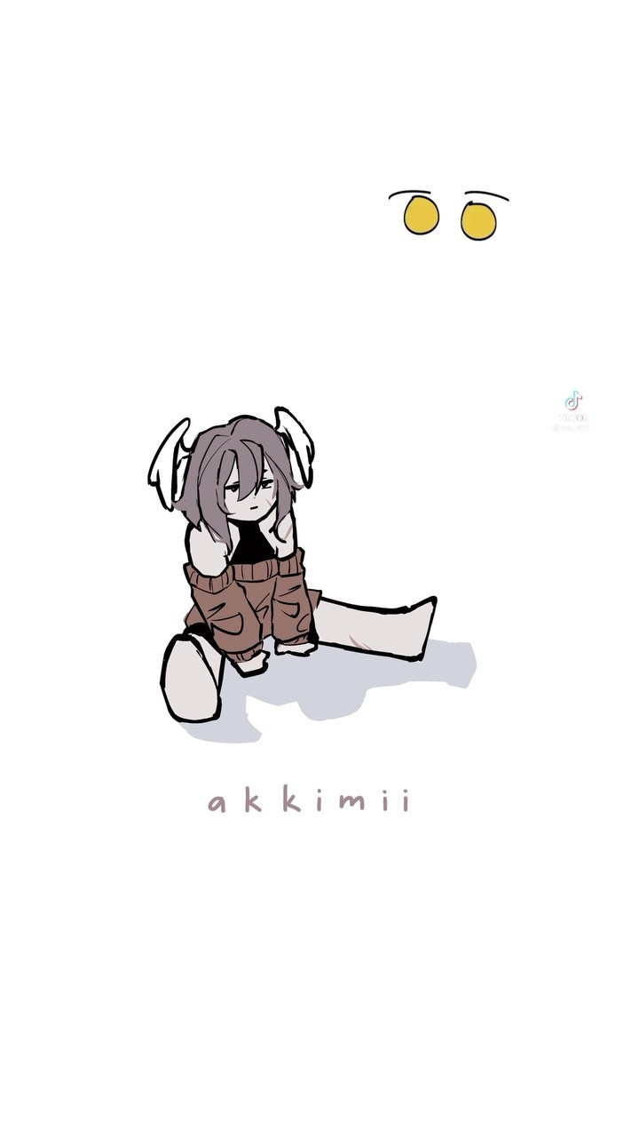 the image is a digital drawing or illustration in an anime/manga style. it depicts a chibistyle girl with short, purple hair and small, winglike protrusions on her head. she's wearing a brown sweater and is sitting on the ground with her legs stretched out, appearing somewhat slumped or sad. the background is plain white with a pair of simple yellow circles near the top. the artist's signature "akkimi" is written in a simple font beneath the character. the overall style is minimalist and cute, with a slightly melancholic tone suggested by the character's posture.