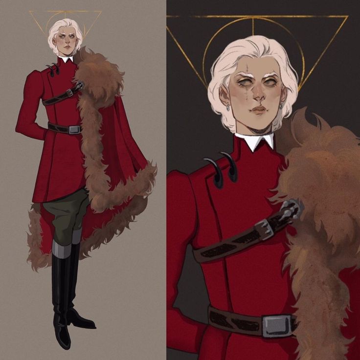 the image showcases a digital illustration of a fantasy character, a young man with pale skin and long blonde hair styled in a slightly wavy bob.  he is dressed in a striking crimson militarystyle coat adorned with brown fur.  the coat features intricate details like a dark brown belt with a buckle, shoulder accents that appear to be stylized claws or hooks, and a large, opulent fur stole or cape. his boots are tall and dark, completing the sophisticated yet rugged aesthetic. the background is understated, featuring a neutral grey tone with a subtly visible geometric design in gold in the closeup portrait view. the overall style is elegant and detailed, suggestive of a character from a fantasy novel or game. the image presents two viewpoints: a fullbody view and a closeup portrait, highlighting the character's detailed clothing and expression.