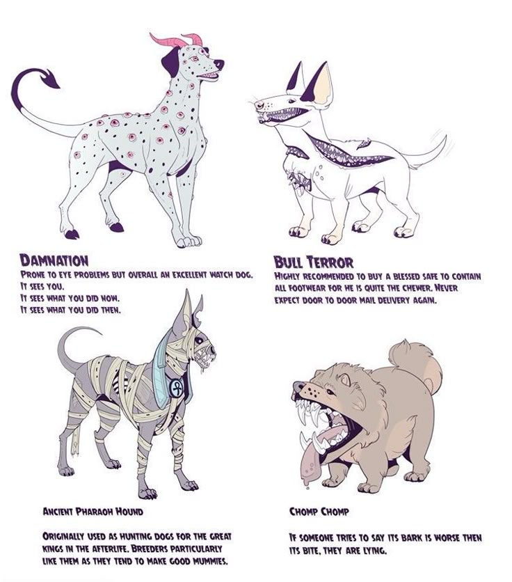 the image depicts four fantasy dog breeds with descriptions. the first dog, "damnation," is a dalmatianlike dog covered in eyes and described as prone to eye problems but an excellent watch dog, seeing past, present, and future actions. "bull terror" is a white dog with teeth lining its body, highly recommended to be kept away from footwear and mail delivery. "ancient pharaoh hound" is a mummywrapped dog, originally used as hunting dogs in the afterlife, bred for their ability to make good mummies. finally, "chomp chomp" is a fluffy, tan dog with a massive, toothfilled mouth, and it is stated that its bite is worse than its bark.