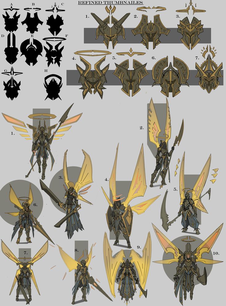 the image contains a series of character designs, labeled as thumbnails.  these are likely sketches for a game or other visual medium, and show variations on a single character concept. the character is an angel, with different designs for wings, helmets, armor, and weaponry. the thumbnails feature various angles and poses to help visualize the character. the overall style is stylized and detailed, with a focus on visual interest.