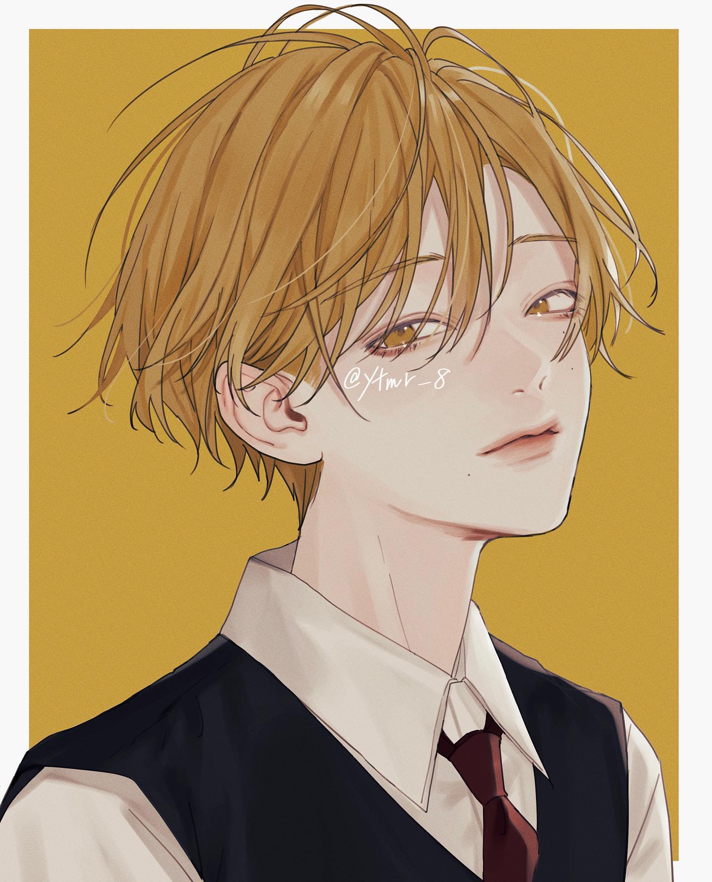 the image is a digital drawing of a young animestyle boy.  he has short, blond hair that is slightly messy, and his eyes are a warm amber color. his expression is calm and pleasant, with a gentle smile.  he is wearing a white shirt with a dark vest and a dark burgundy tie, suggestive of a school uniform or business casual attire. the background is a solid, muted yellow. the overall style of the artwork is clean, soft, and aesthetically pleasing. the artist's signature or watermark (@ytvr_8) is subtly visible on the boy's cheek.