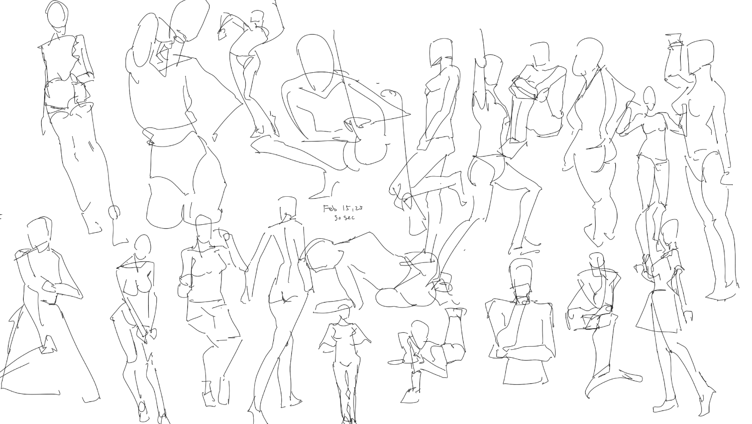 the image shows a collection of quick figure drawings and sketches in line art. the subjects are mostly human figures in various poses, some nude and some clothed. the drawing style is minimalist, focusing on capturing the essence of the pose and anatomical outlines. the drawings vary in detail and complexity, indicating they were likely done as quick exercises or studies of human form. the drawings are dated "feb 15, 20" and marked as "30 sec," suggesting they were completed in short intervals.