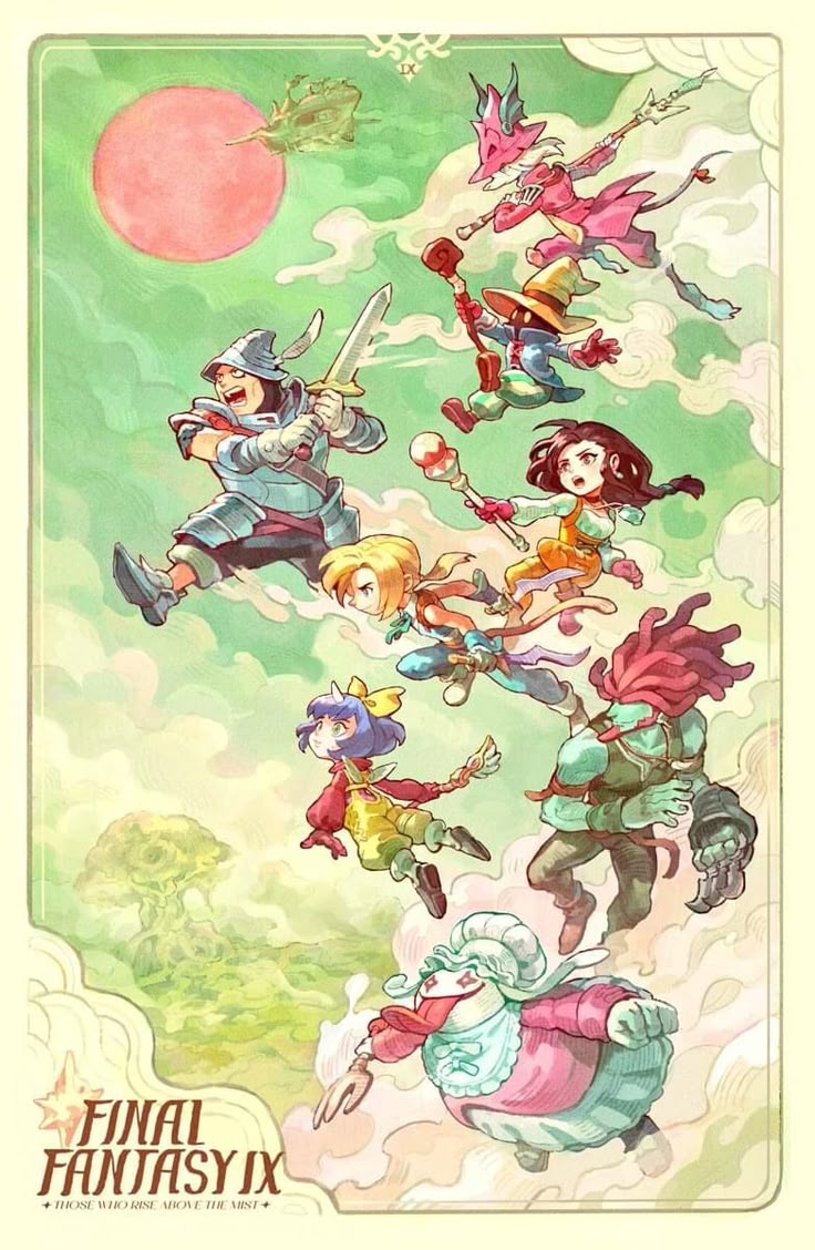 this is an image from the video game final fantasy ix. the image features the game's party of playable characters flying in the sky above a landscape. the characters are zidane, garnet, vivi, steiner, freya, eiko, amarant, and quina. the art style appears to be watercolor, giving it a soft and dreamy feel. the title of the game is visible at the bottom left.