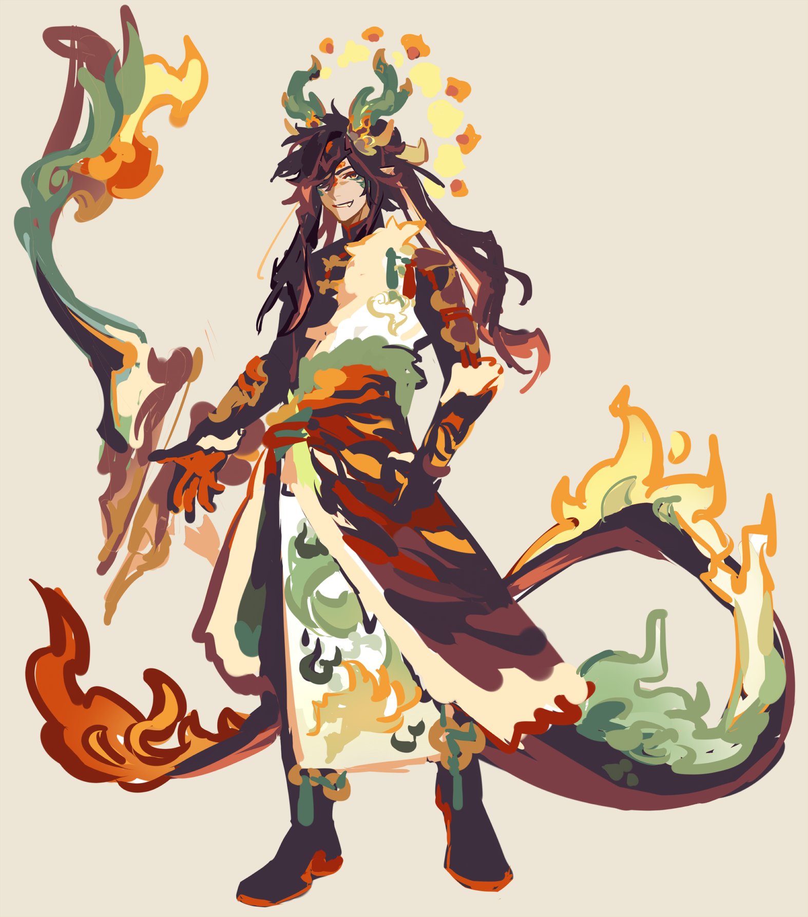 the image shows a male character with dragonlike features, including horns and a tail adorned with fiery motifs. he's clad in elaborate, flowing garments with swirling patterns of green, orange, and yellow, reminiscent of flames. he's holding a bow in one hand, suggesting he's an archer. his confident posture and intense gaze project an aura of power and mystique.