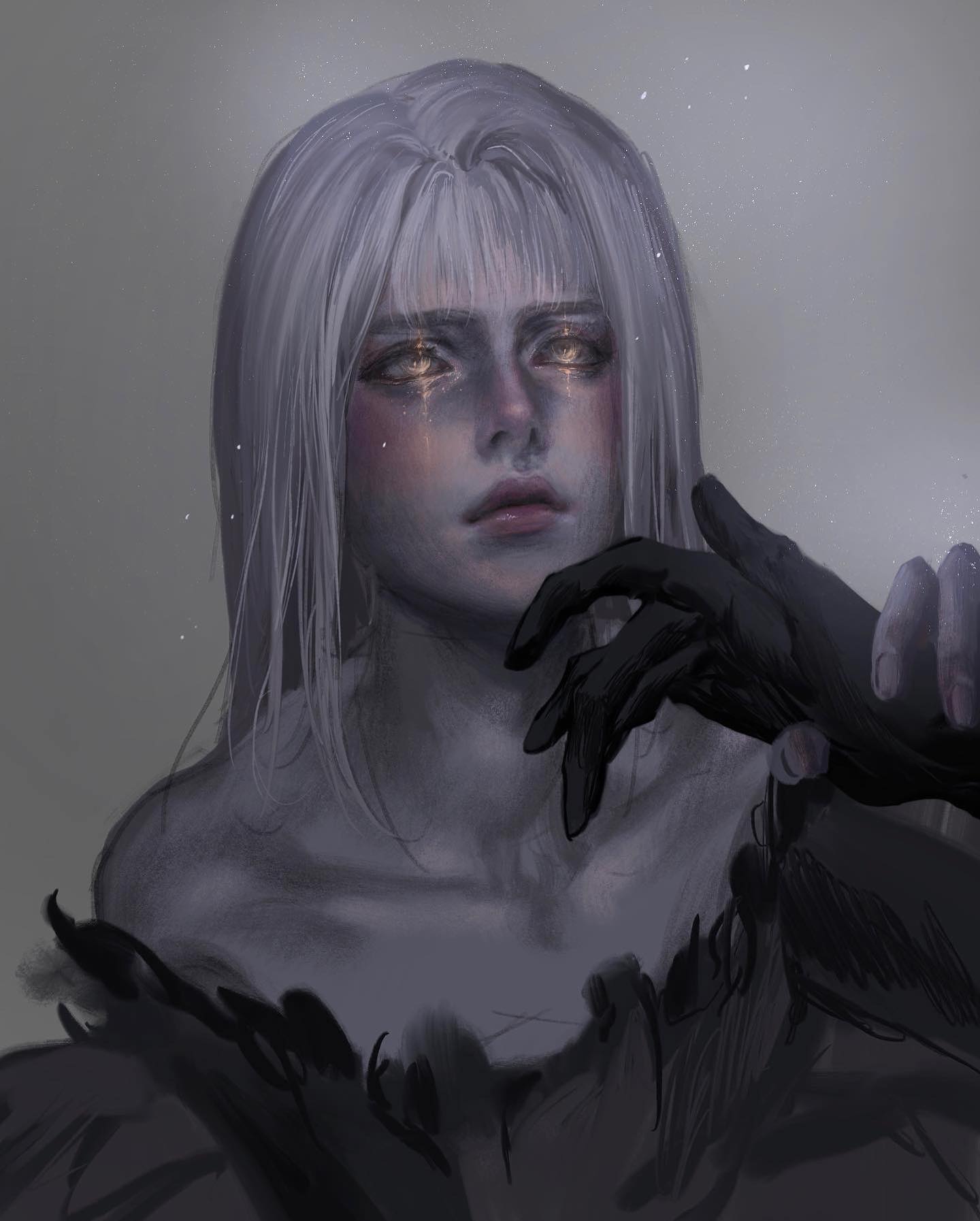 a drawing of an anime girl with white hair and a black glove, with the glove reaching out towards her. her eyes are closed and there are tears on her face, suggesting she is sad. the background is a dark grey with a few white dots. the overall style of the drawing is fantasy and dark. the artwork is beautifully rendered, capturing the character's emotions with great detail.