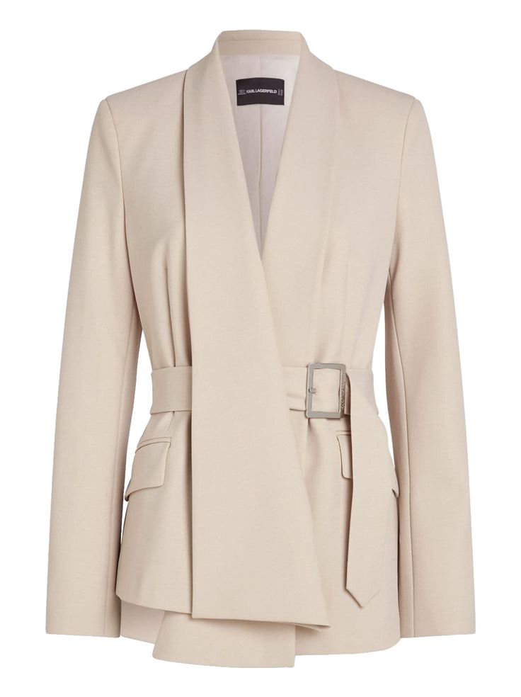 beige karl lagerfeld blazer with belted waist and collar.
