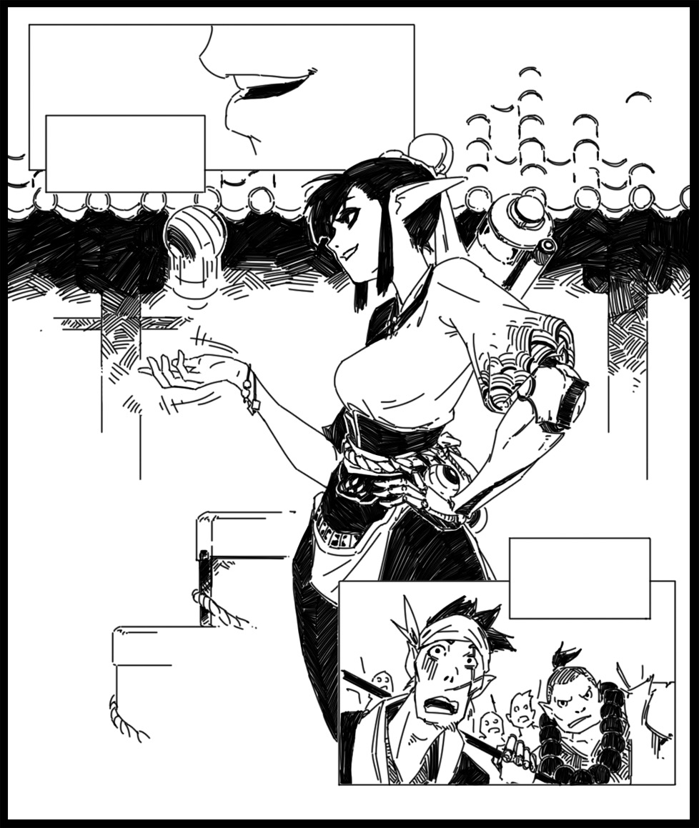 the image is a black and white mangastyle illustration or comic page.  it features a central female elflike character with pointed ears, dressed in a stylized kimonolike outfit. she appears to be interacting with someone offpanel, gesturing with her hand. her expression is confident or perhaps mischievous. the background suggests a japaneseinspired setting, with hints of buildings and crowds.  the style is dynamic and expressive, with a focus on strong lines and shading.  a smaller panel at the bottom shows other characters, possibly interacting with the main elf or involved in a separate story event, completing the comic bookstyle page.  the overall style is gritty and detailed.